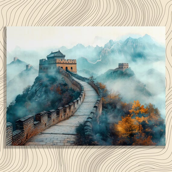 Misty Great Wall Canvas Art Serene Autumn Mist China Landscape Painting Decor Travel Gift History Print Home