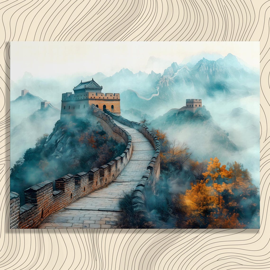 Great Wall Of China Autumn Mist Watchtower Mountain View Poster