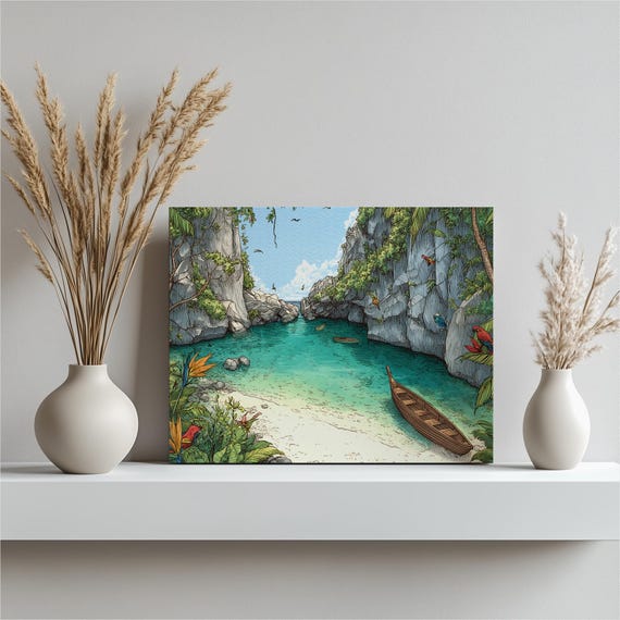 Tropical Lagoon Canvas Wall Art Coastal Decor Print With Turquoise Water Limestone Cliffs Wooden Canoe Colorful Parrots Ink Illustration