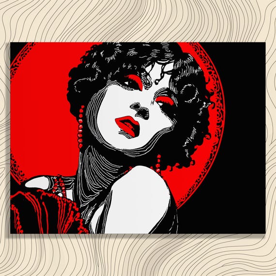 1920s Flapper Canvas Wall Art Deco Vintage Portrait Pop Bold Graphic Red Lipstick Curly Hair Beaded Necklace Black White