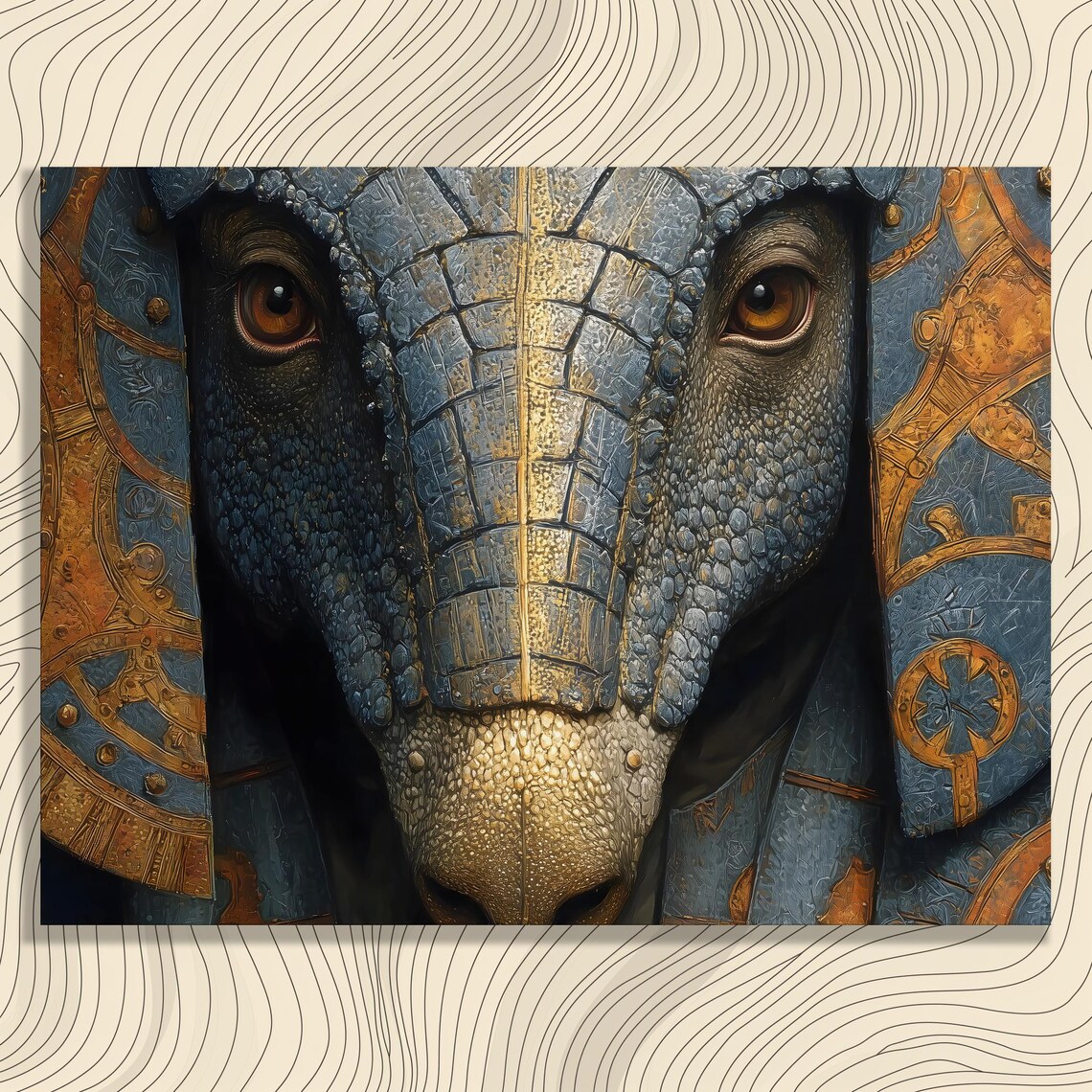 Armored Elephant Face Steampunk Blue Gold Metal Detail Art Poster