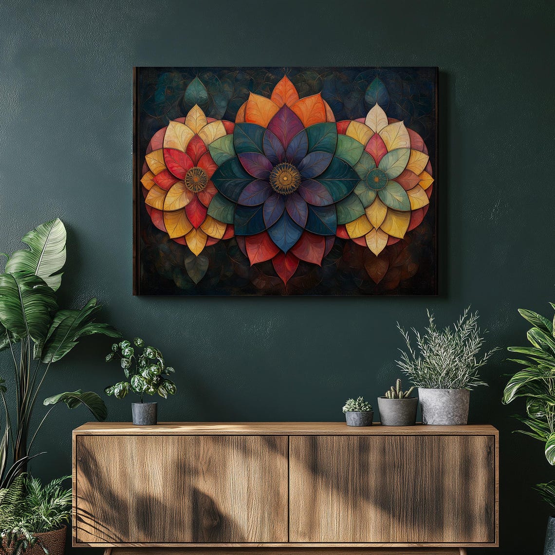 Bohemian Stained Glass Lotus Flower Trio Warm Tones Modern Art Poster