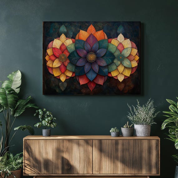 Contemporary Bohemian Flower Canvas Wall Art Vibrant Floral Mandala Print Colorful Botanical Home Decor For Living Room Bedroom Office