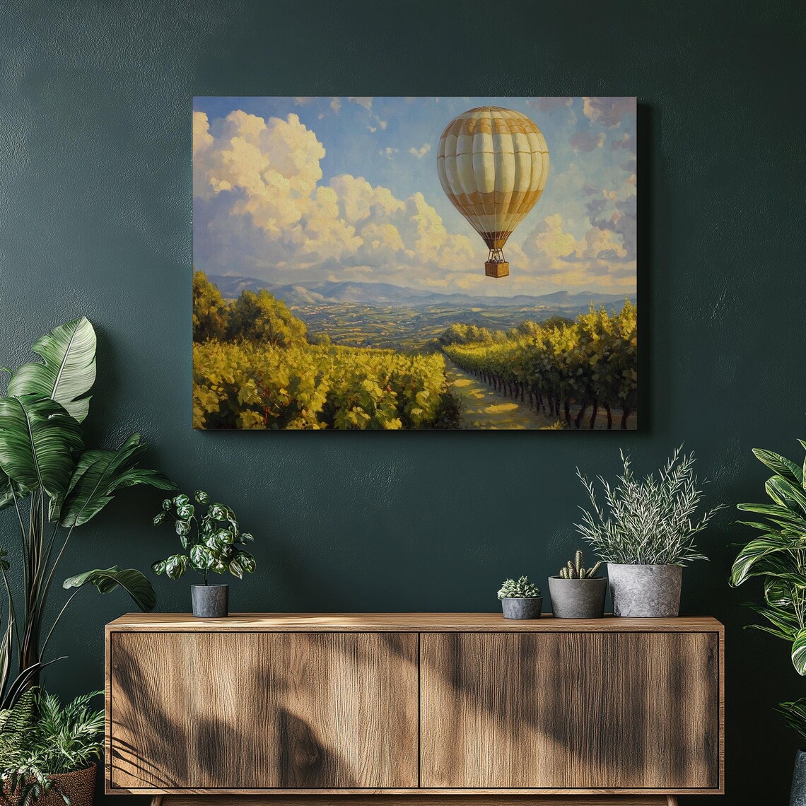 Hot Air Balloon Vineyard Landscape, Contemporary Travel Poster
