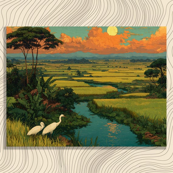 Heron Sunset Canvas Wall Art Tropical Rice Field Landscape With Winding River Mountains Egrets Lush Marshes Colorful Nature Illustration