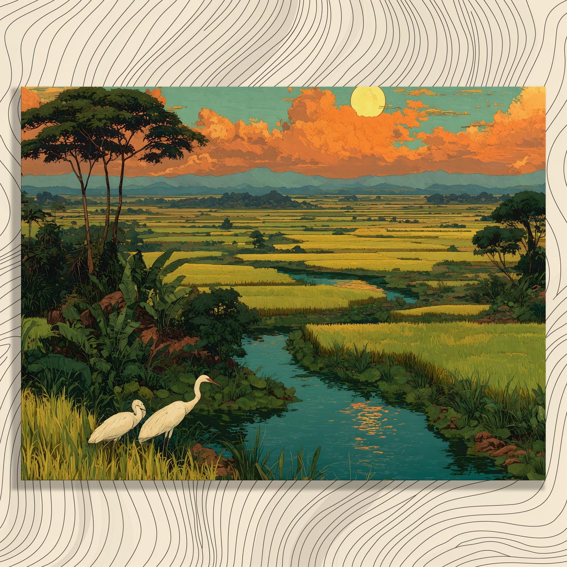 White Herons Rice Field Sunset Illustrated Nature Canvas Wall Art