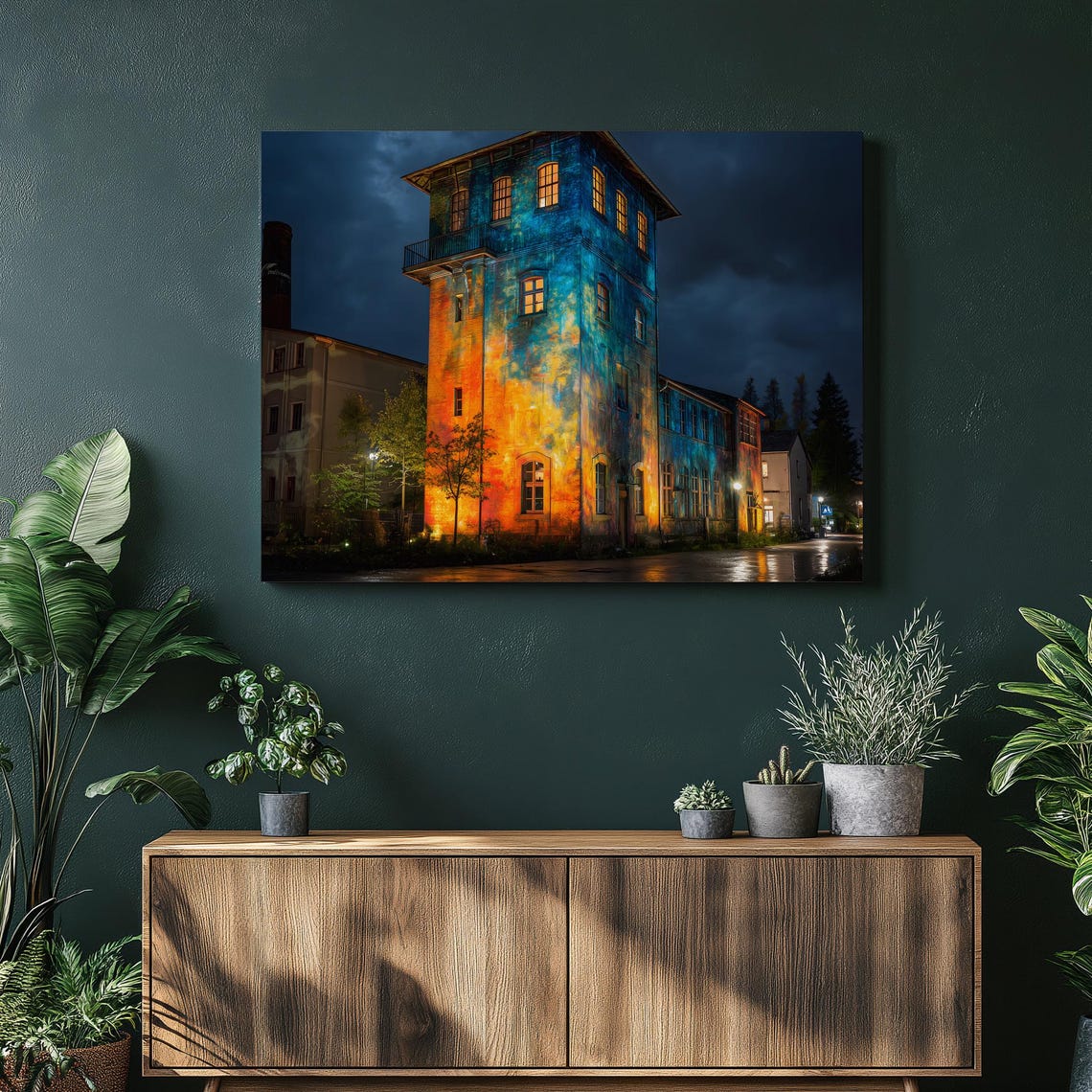 Colorful Industrial Building Night Light Show Urban Art Poster