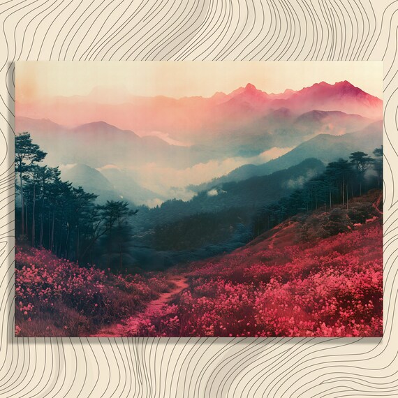 Pink Misty Mountain Valley With Wildflower Fields Dawn Poster