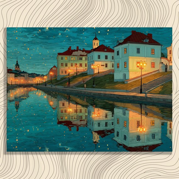 Starry Canal Night Canvas Wall Art Urban Waterway Cityscape Painting Blue Green Decor Luminous Houses Reflections Sky Stars Lamppost