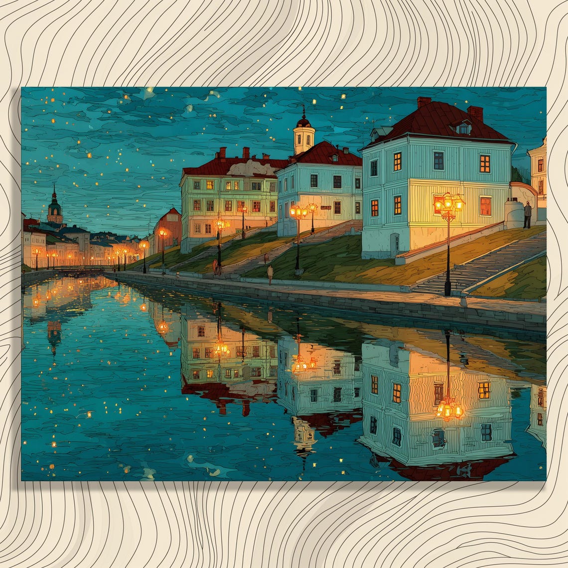 Starry Night Canal Old Town Reflections Lamplight Cityscape Art Poster