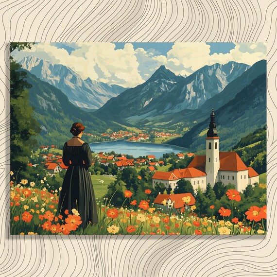 Vintage Alpine Village Lake And Mountains Floral Meadow Scene Poster