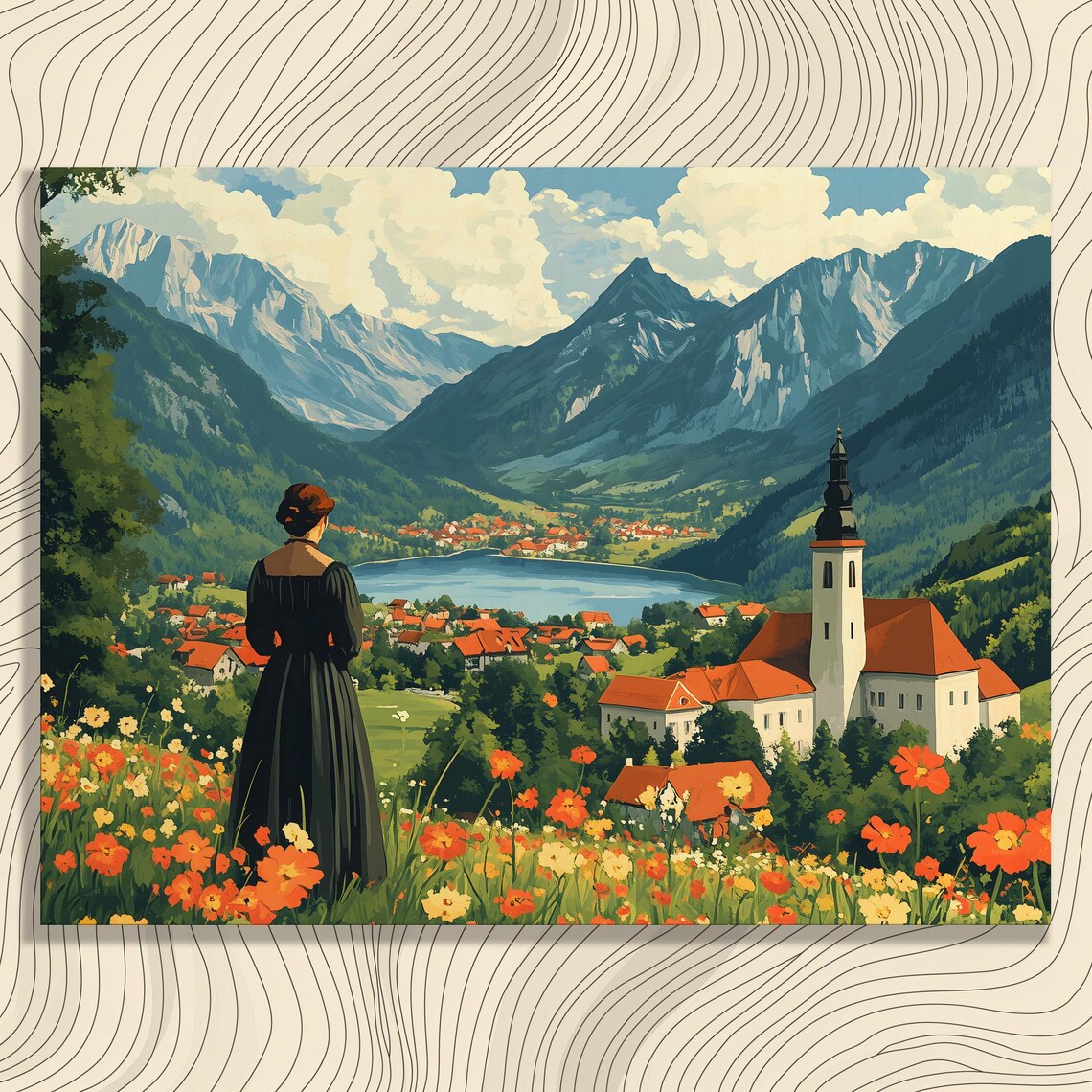 Vintage Alpine Village Lake And Mountains Floral Meadow Scene Poster