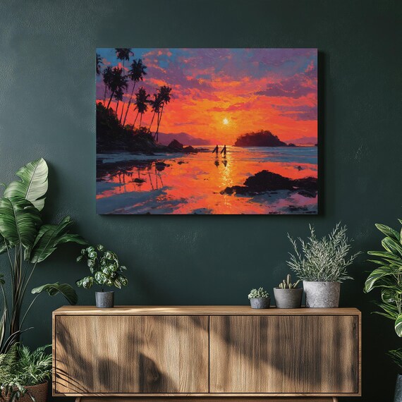 Tropical Sunset Beach Surfers Palm Silhouette Ocean Painting Print