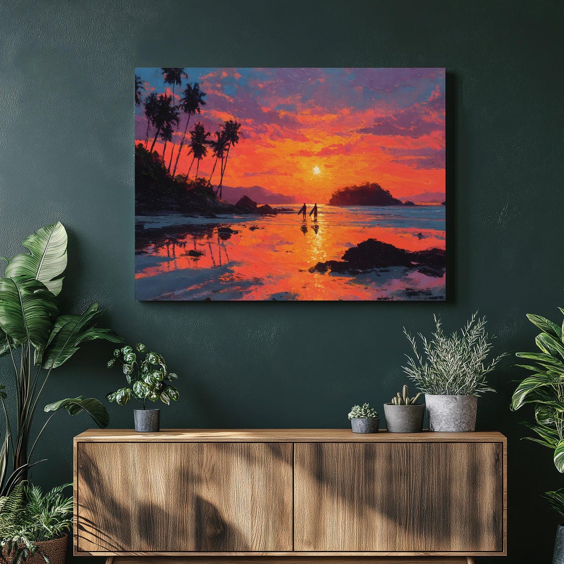 Tropical Sunset Beach Surfers Palm Silhouette Ocean Painting Print
