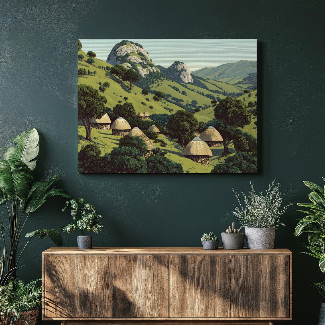 African Hillside Village With Thatched Huts Landscape Art Poster