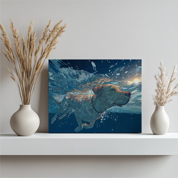 Underwater Dog Canvas Wall Art Golden Retriever Seascape Ocean Wave Sunrise Star Filled Night Sky Abstract Nautical Decor