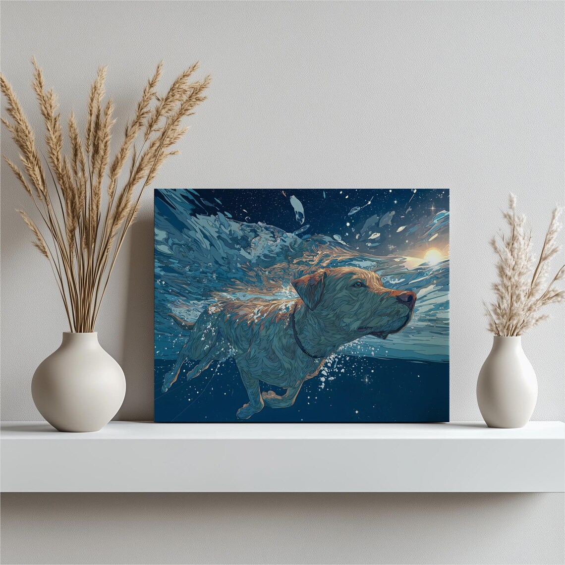 Golden Retriever Swimming Underwater Ocean Blue Dog Portrait Poster
