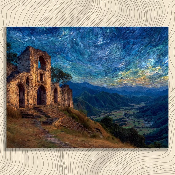 Starry Sky Ruins Canvas Wall Art Vibrant Blue Night Landscape Swirling Ancient Stone Hillside Valley Print Rustic Decor