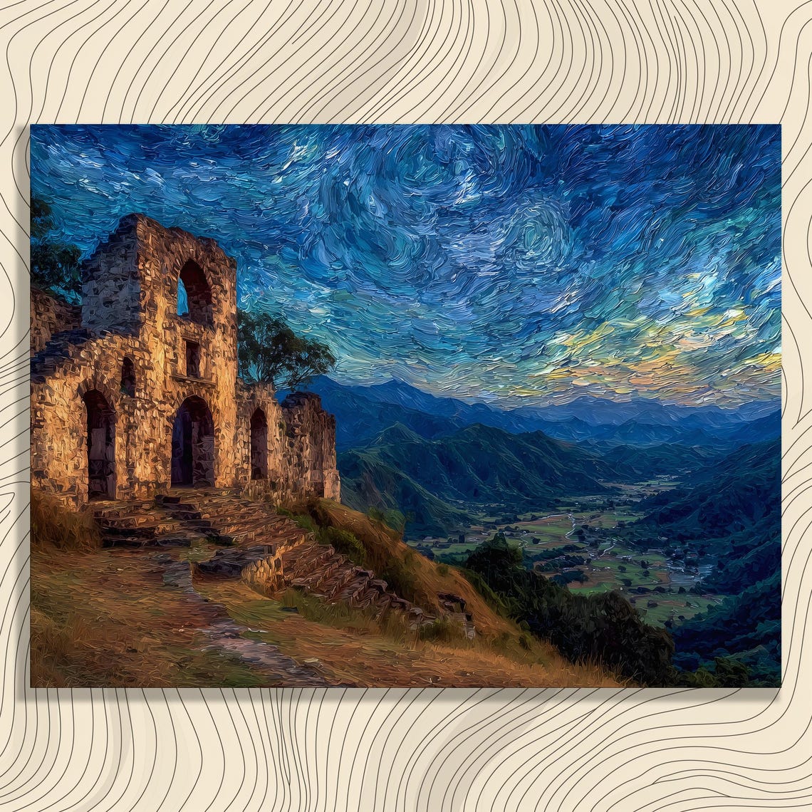 Starry Sky Ruins Canvas Wall Art Vibrant Blue Night Landscape Swirling Ancient Stone Hillside Valley Print Rustic Decor