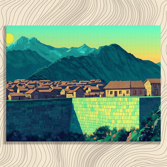 Vibrant Village Canvas Wall Art Colorful Mountain Sun Scene Print With Blue And Green Nature Accents Contemporary Impressionist Style