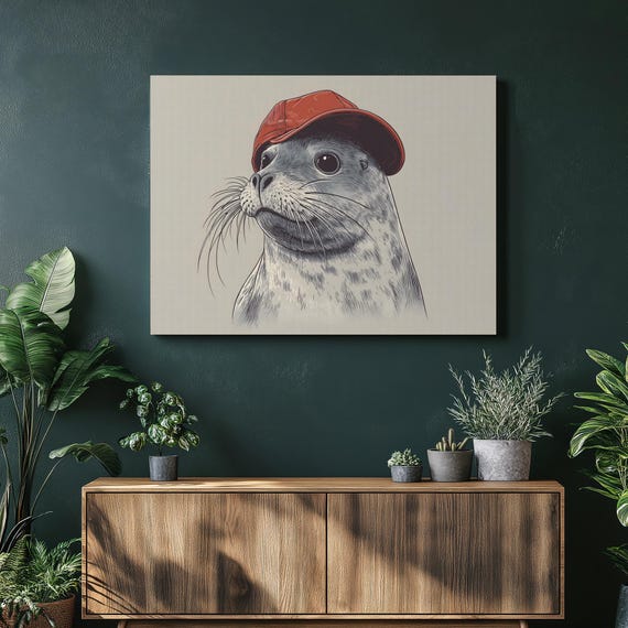 Playful Seal Canvas Wall Art Modern Coastal With A Cap Wearing Gray Illustration Line Midcentury Style Ocean