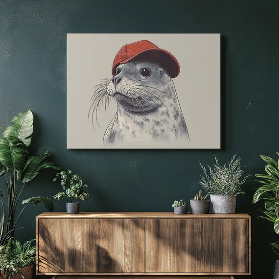 Playful Seal Wearing Red Cap Whimsical Animal Illustration Mid Century Poster