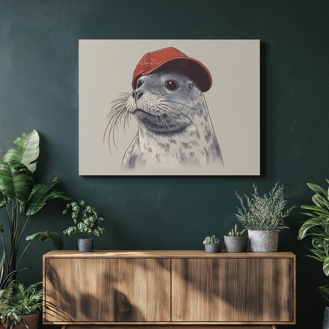 Playful Seal Wearing Red Cap Whimsical Animal Illustration Mid Century Poster