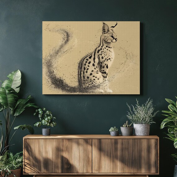 Majestic Serval Canvas Wall Art Elegant Print Abstract Splatter Wildlife Decor Gift Animal Lovers Modern Feline Silhouette