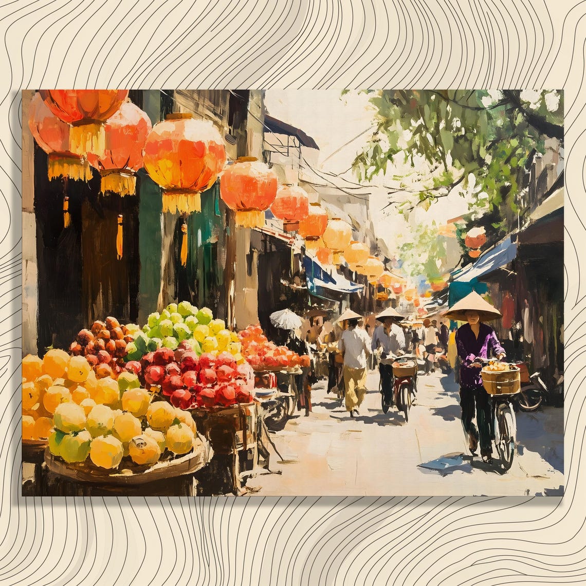Hanoi Old Quarter Lantern Street Market Fruit Stalls Painting Poster