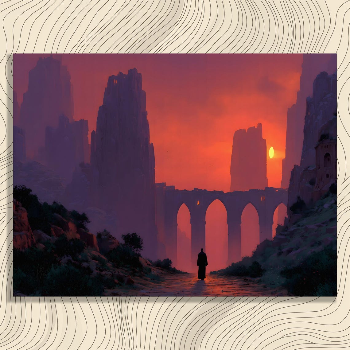 Lonely Traveler Sunset Bridge Canyon Dark Fantasy Landscape Poster