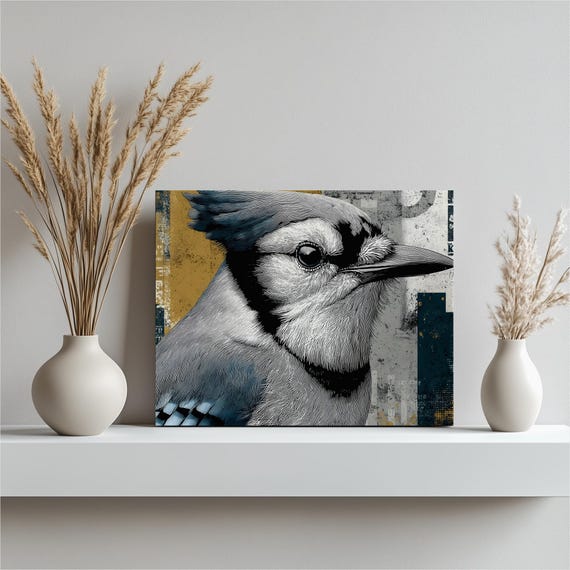 Blue Jay Urban Canvas Wall Art Modern Bird Illustration Grunge Wildlife Decor Nature Contemporary Print Yellow Gallery Wrap