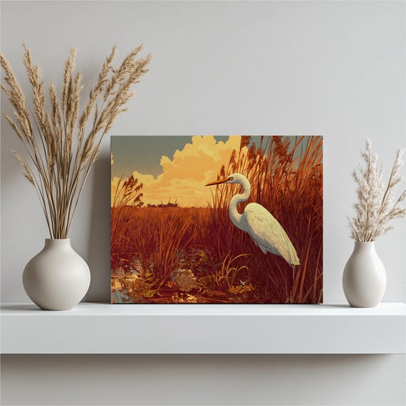 Egret Sunset Canvas Wall Art Wildlife Nature Illustration Marsh Landscape Wading Bird Water Reflection Colorful Painting Print