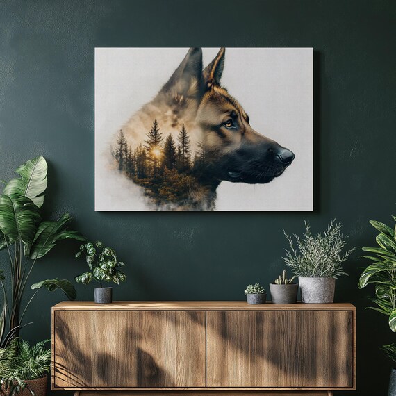 Double Exposure Wolf Silhouette Canvas Wall Art Painting With Forest Landscape Print Nature Decor Animal Gift For Wildlife Lovers