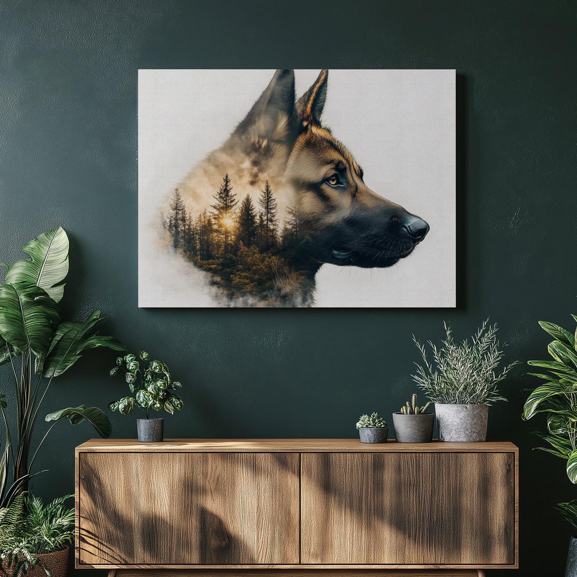 German Shepherd Double Exposure Forest Sunset Wildlife Poster