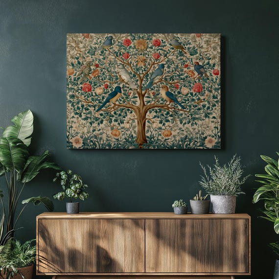 Charming Bird Tree Canvas Wall Art Botanical Nest Vintage Floral Artwork Blue Green Leaves Accent Nature Lover Gift