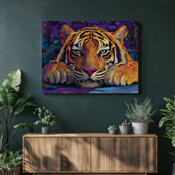 Sumatran Tiger Canvas Wall Art Psychedelic Night Jungle Portrait Colorful Big Cat Close Up Starry Sky Detail Wildlife Decor Print