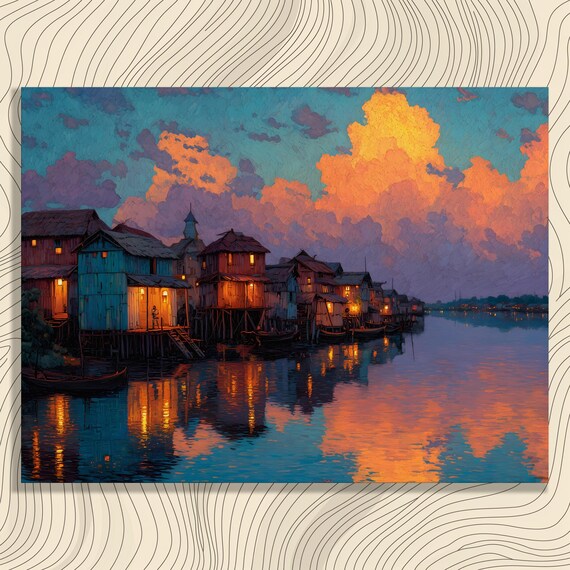 Tropical Waterfront Village Sunset Stilt Houses Harbor Painting Print