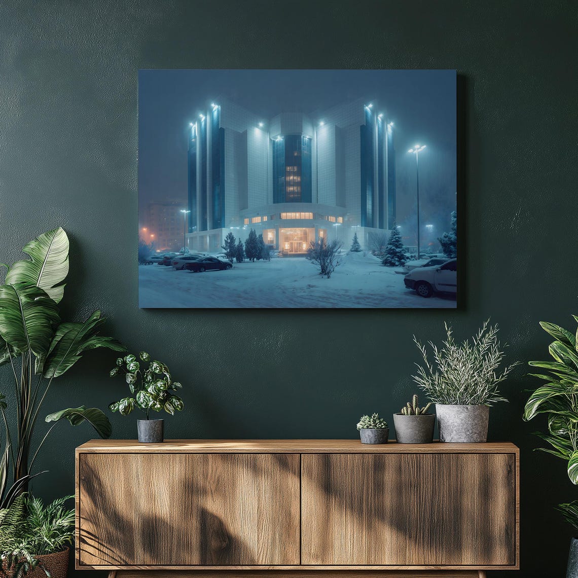Modernist Glass Tower Snowy Night City Lights Architecture Print