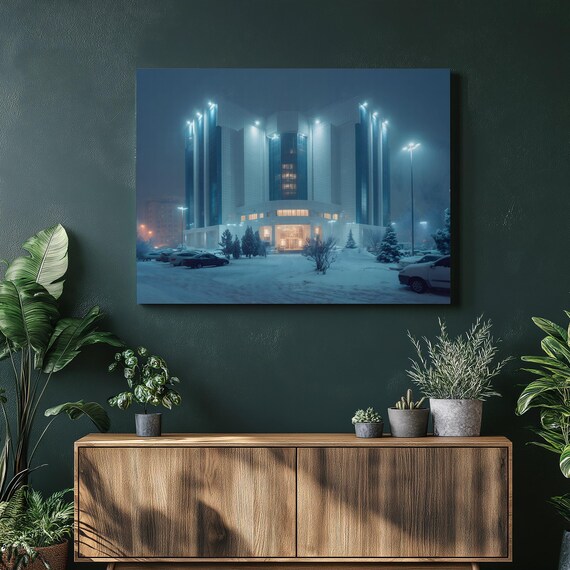 Modern City Architecture Canvas Wall Art Blue Lights Building Scene In Snow Urban Skyline Print For Winter Display