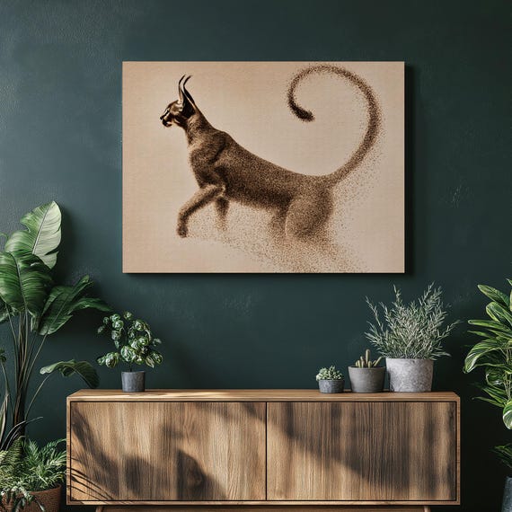 Stunning Caracal Canvas Wall Art Sepia Wildlife Pointillism Print Modern Dot Design Animal Decor Vintage Stippling Illustration
