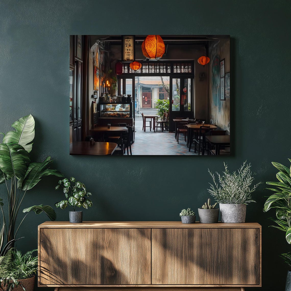 Vintage Cafe Interior Paper Lanterns Warm Rustic Coffee Art Print