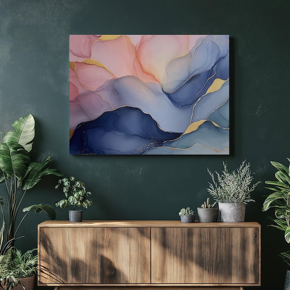 Slate Blue And Blush Pink Abstract Canvas Wall Art Print Fluid Gold Accents Painting For Modern Home Decor Living Room Bedroom Gift