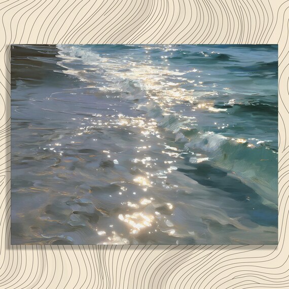 Sparkling Ocean Shoreline Sunlit Waves Impressionist Coastal Sea Poster