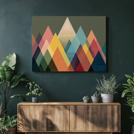 Abstract Mountain Canvas Wall Art Geometric Landscape Print Modern Minimalist Decor Colorful Triangle Peaks Contemporary Gift