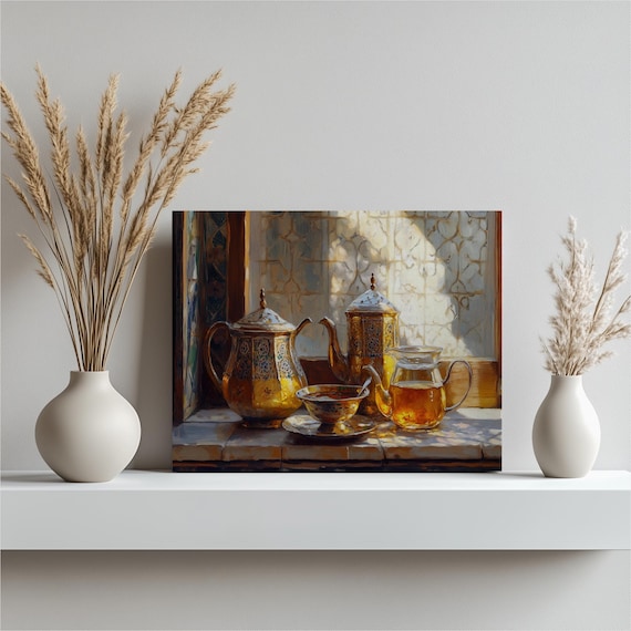 Moroccan Tea Set Sunlit Still Life Painting Kitchen Canvas Poster