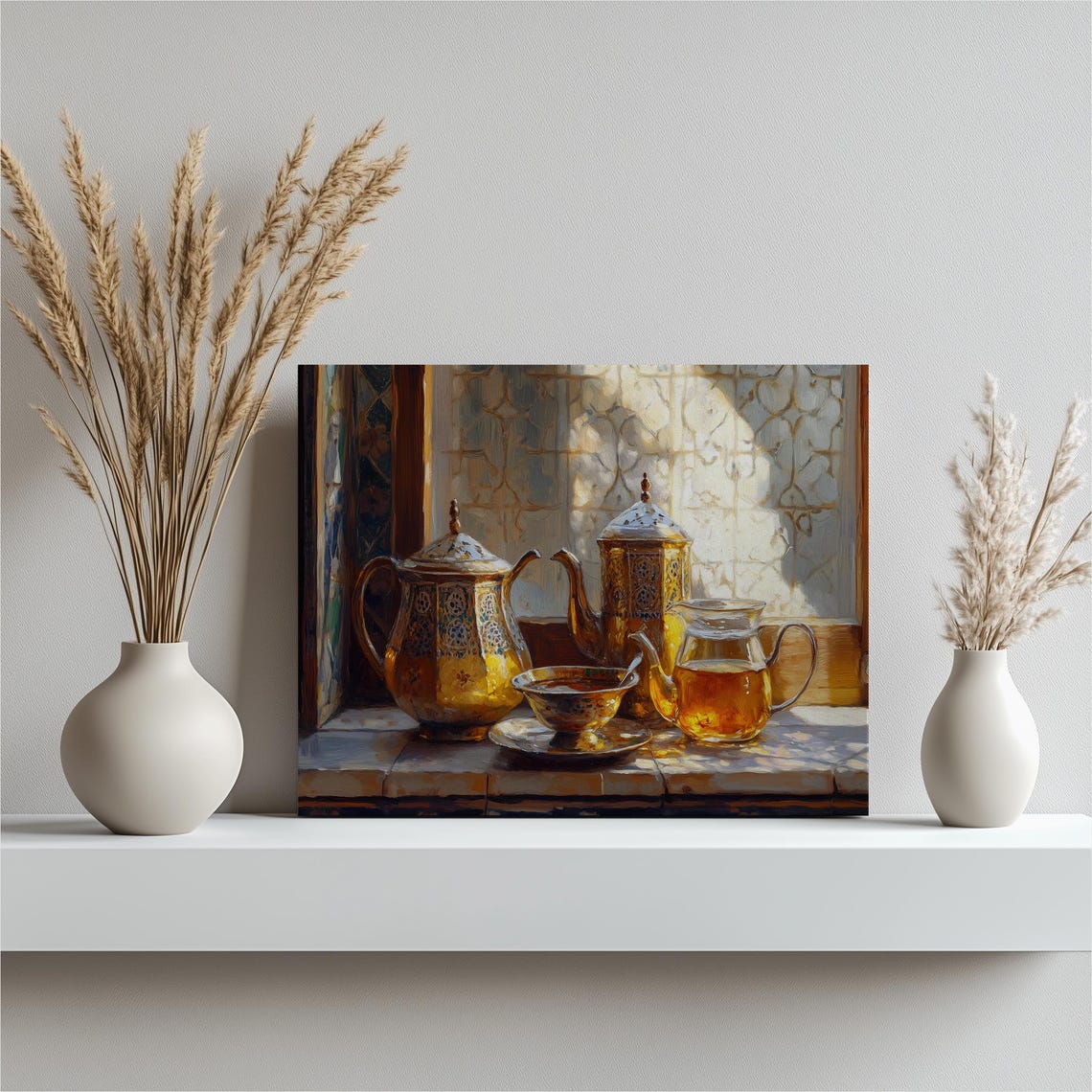 Moroccan Tea Set Sunlit Still Life Painting Kitchen Canvas Poster
