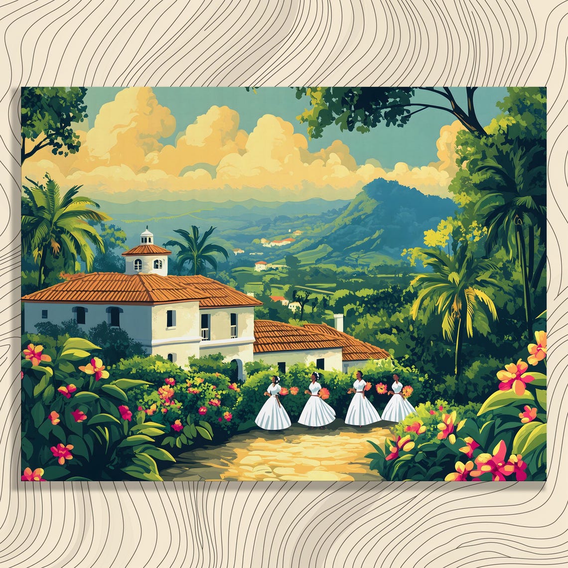 Tropical Colonial Villa Dancers Colorful Lush Mountain Valley Poster