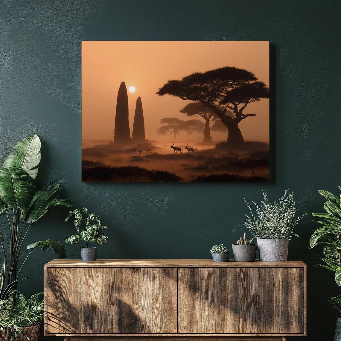 African Sunset Safari Acacia Trees Antelope Silhouette Scene Poster