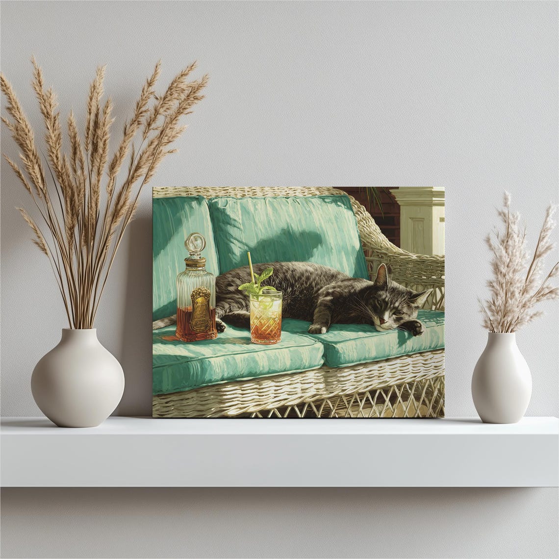 Sleepy Tabby Cat Napping On Sunny Porch Couch With Cocktail Print