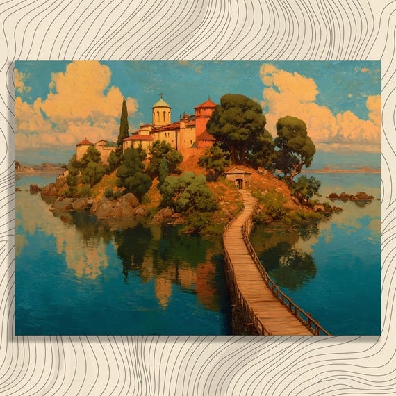 Colorful Island Monastery Canvas Wall Art Lake Church Wooden Foot Bridge Reflections On Water Nature Print Contemporary
